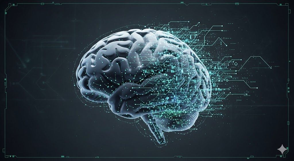 A digital representation of a human brain with glowing teal data streams and circuit-like patterns flowing out from its right side, against a dark, technical background with a subtle digital frame. Image (and typos) generated by Nano Banana.