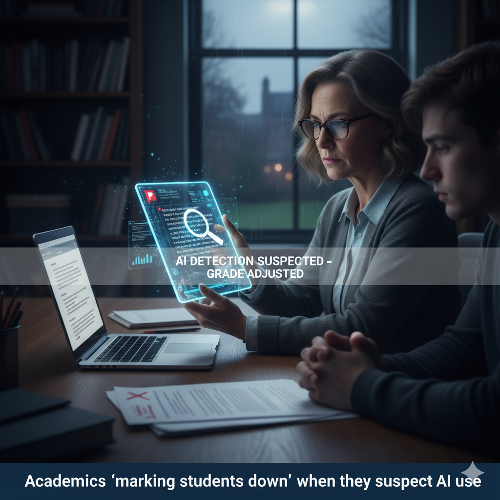 A concerned academic, wearing glasses, sits across from a student, both looking at a transparent tablet displaying 'AI detection suspected - Grade Adjusted' with code and charts. A laptop with an essay is open on the left, and a document with a large red 'X' is on the table, symbolizing suspicion of AI use in academic work. Generated by Nano Banana.
