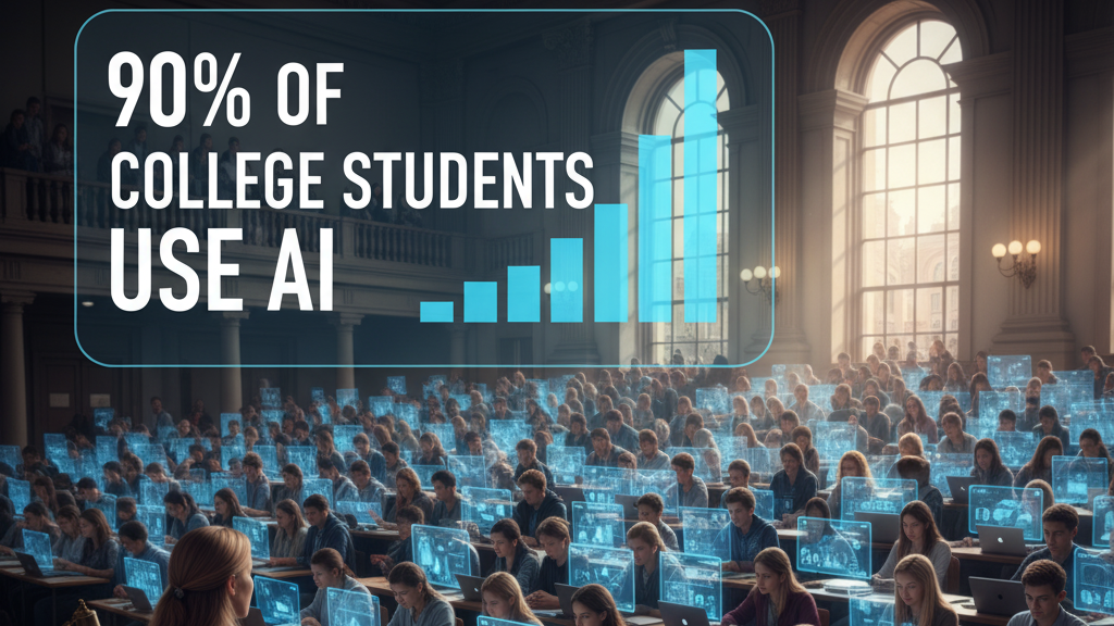 A large, ornate lecture hall is filled with numerous college students, each intensely focused on their glowing laptop screens displaying various AI interfaces. At the front, a professor addresses the class. A prominent holographic banner above the students reads '90% OF COLLEGE STUDENTS USE AI' with an upward-trending bar graph. The scene highlights the widespread use of AI in higher education. Generated by Nano Banana.