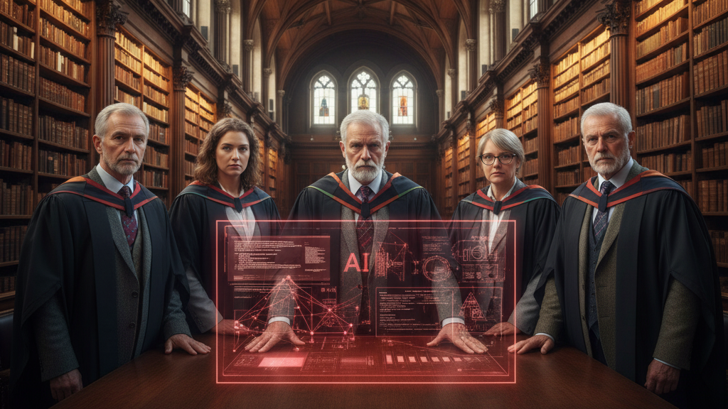 Five distinguished individuals, appearing as senior academics in traditional robes, stand solemnly behind a large wooden table in an ornate, historic library. In front of them, a glowing orange holographic screen displays 'AI' with complex data and schematics. The scene conveys a sense of responsibility and potential resistance to AI within a venerable academic institution. Generated by Nano Banana.