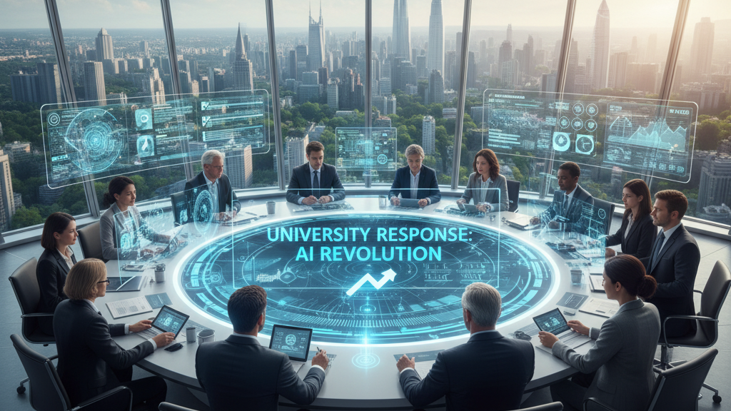 A diverse group of university leaders in business attire is seated around a futuristic, circular conference table in a high-rise office with a panoramic city view. The table features a glowing blue holographic display in the center that reads 'UNIVERSITY RESPONSE: AI REVOLUTION' with an upward-trending arrow. Surrounding screens show various data and analytics, symbolizing strategic planning in response to technological shifts. Generated by Nano Banana.