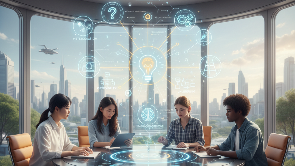 Four diverse young individuals (three female, one male) are seated around a futuristic round table in a high-rise room overlooking a city. In the center of the table, glowing holographic icons emanate from a central lightbulb, representing concepts like 'METACOGNITION,' 'CRITICAL THINKING,' 'PROBLEM SOLVING,' and 'ADAPTABILITY.' The scene symbolises the importance of fundamental learning skills for the next generation. Generated by Nano Banana.