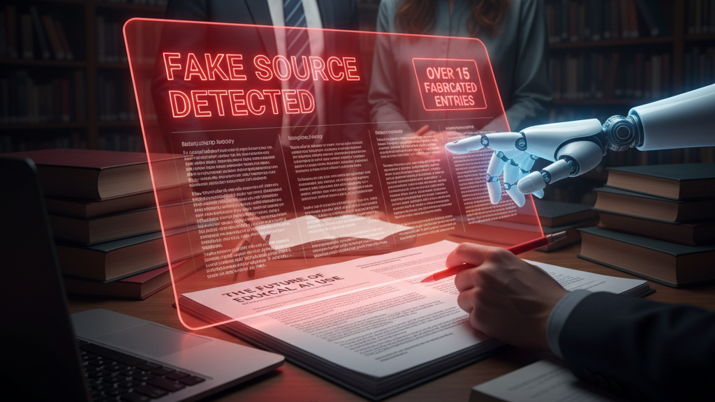 In the foreground, a robotic hand holds a red pen, poised over documents labeled 'THE FUTURE OF ETHICAL AI'. A glowing red holographic screen above the desk displays 'FAKE SOURCE DETECTED' and 'OVER 15 FABRICATED ENTRIES', showing snippets of text and data. The scene powerfully illustrates the irony of an ethics report containing fake sources, highlighting the challenges of AI and misinformation. Generated by Nano Banana.