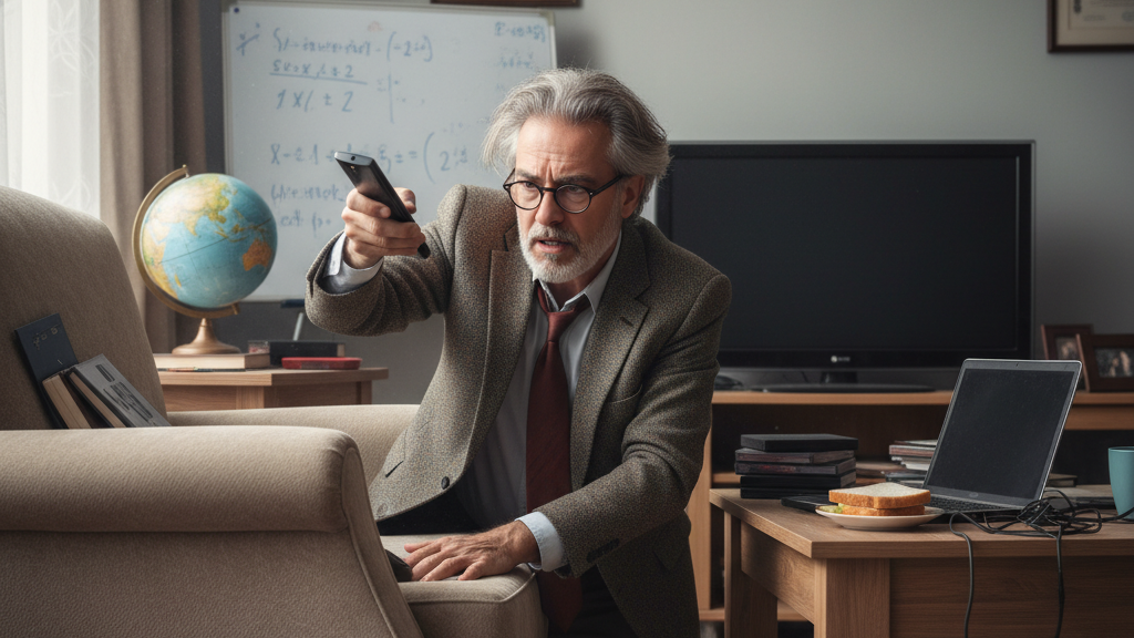 A disheveled male university professor with gray hair and glasses, wearing a tweed jacket, kneels on the floor in his office, looking under a beige armchair with a panicked expression while holding his phone like a remote. A stack of books, a globe, and a whiteboard with equations are visible. Image generated by Nano Banana