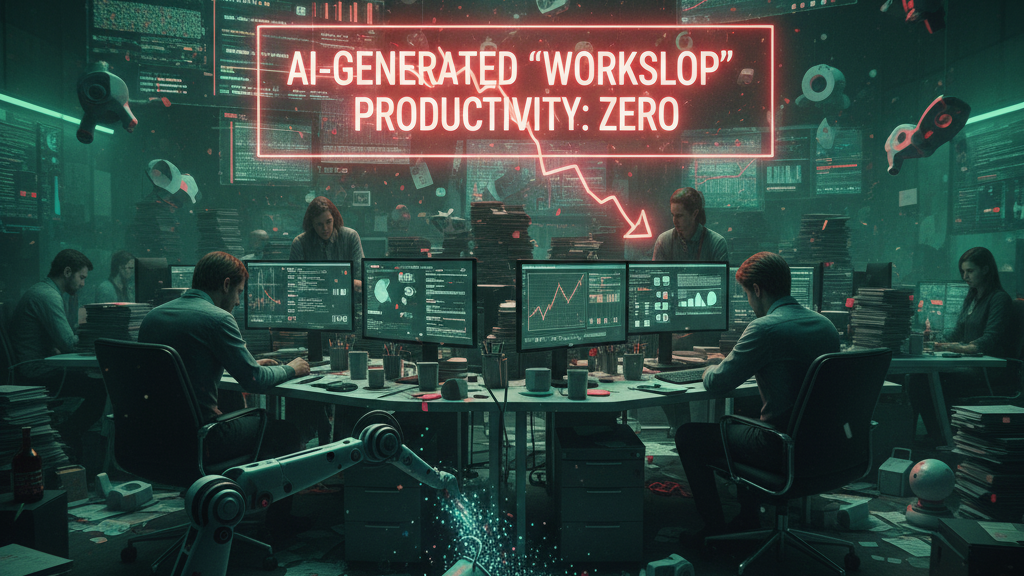 A chaotic office or data center environment filled with people at desks, surrounded by numerous screens displaying complex, overwhelming data and downward-trending graphs. A glowing red holographic display overhead reads 'AI-GENERATED 'WORKSLOP' PRODUCTIVTY: ZERO', with a prominent downward arrow. On the floor, papers are strewn everywhere, and a robotic arm appears to be spilling sparkling digital 'waste.' The scene visually represents how poorly managed AI outputs can destroy productivity. Generated by Nano Banana.