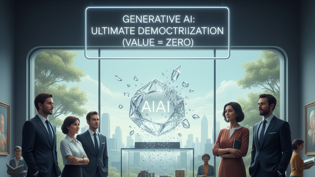 A large, glowing, glass orb of generative AI data is shattering and dissipating into a pile of worthless dust. The ground is dry and cracked, and behind the orb, a single, small, green sprout is beginning to grow, symbolizing a return to human creativity. The scene visually represents the idea that the potential 'worthlessness' of AI could be a good thing. Generated by Nano Banana.