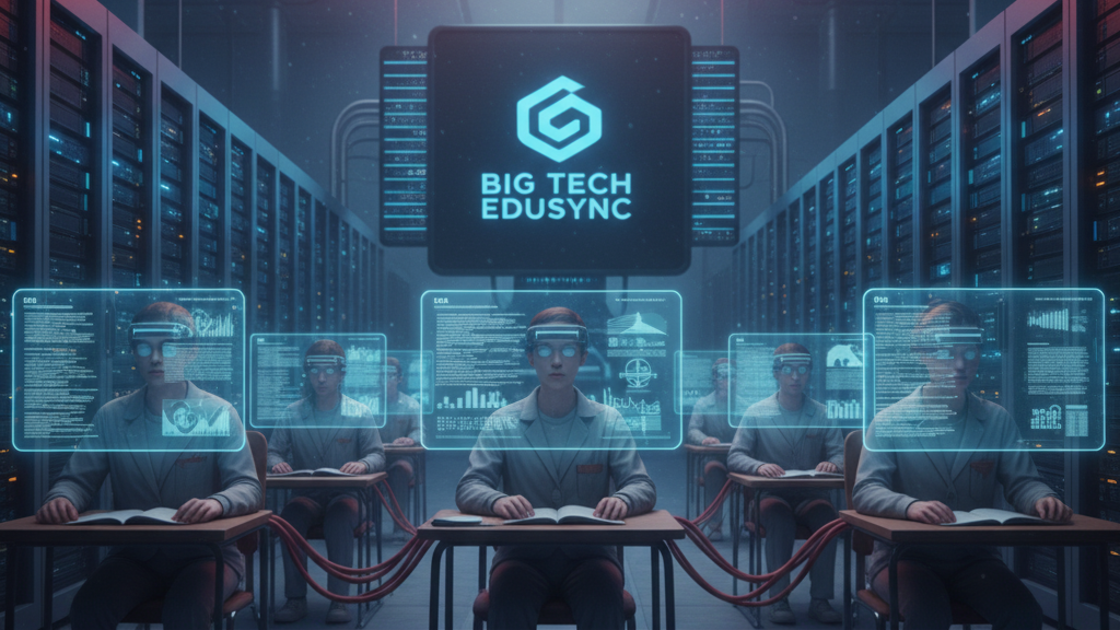 A classroom-like setting inside a large server room, where students in white lab coats sit at desks with holographic screens projected from their devices. Above them, a neon sign blue logo glows for 'BIG TECH EDUSYNC' is prominent. The students have blank expressions, connected by wires. The scene criticises the outsourcing of education to technology. Generated by Nano Banana.