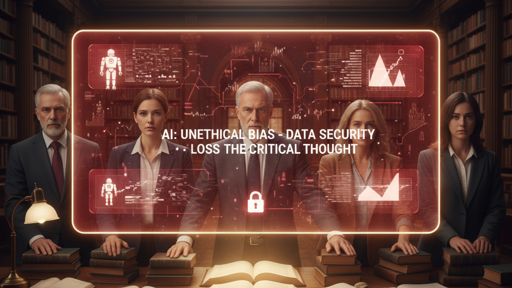 In a classic, wood-paneled library, five serious-looking professionals (three female, two male) stand behind a long wooden table laden with books. A large, glowing red holographic screen hovers above the table, displaying 'AI: UNETHICAL BIAS - DATA SECURITY - LOSS THE CRITICAL THOUGHT' and icons representing ethical concerns. The scene conveys a thoughtful resistance to AI based on justified concerns. Generated by Nano Banana.