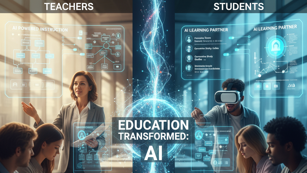 A split image depicting the impact of AI on education. On the left, a female teacher stands in front of a holographic 'AI POWERED INSTRUCTION' diagram, addressing a group of students. On the right, students are engaged with 'AI LEARNING PARTNER' interfaces, one wearing a VR headset. A central glowing orb with 'EDUCATION TRANSFORMED: AI' connects both sides, symbolizing the pervasive change AI brings to both teaching and learning. Generated by Nano Banana.