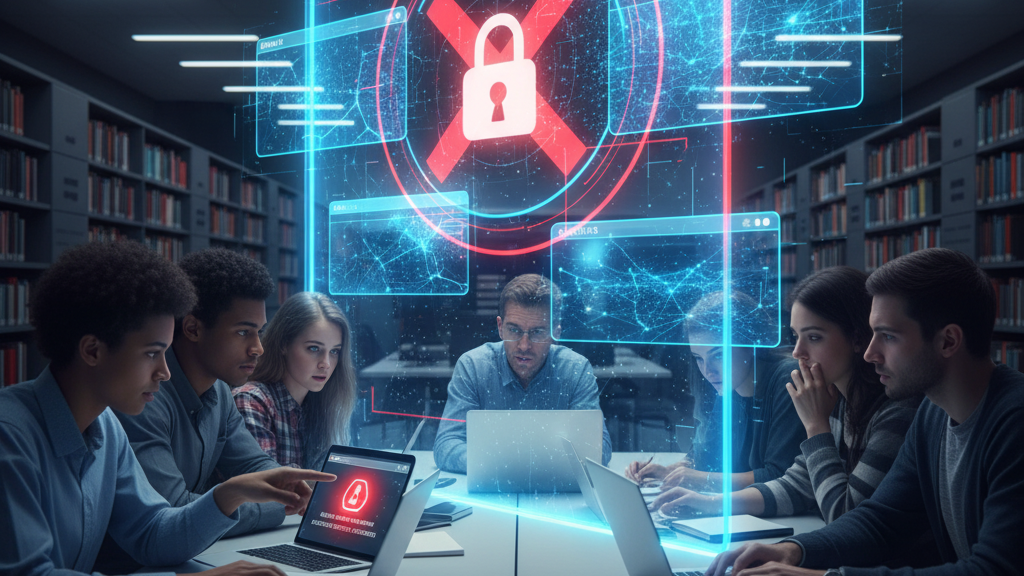 A group of students and a teacher in a library setting, with a prominent holographic display showing a red "blocked" symbol over an internet browser interface, symbolising the banning of agentic AI. Image (and typos) generated by Nano Banana.