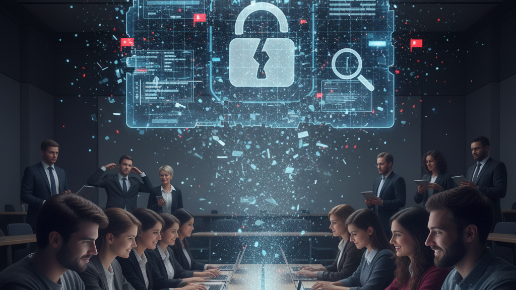 In a university meeting room, a holographic display shows a broken padlock icon, symbolizing the failure or abandonment of AI detection software. Professionals are seated around a conference table, some looking at laptops. Image (and typos) generated by Nano Banana.