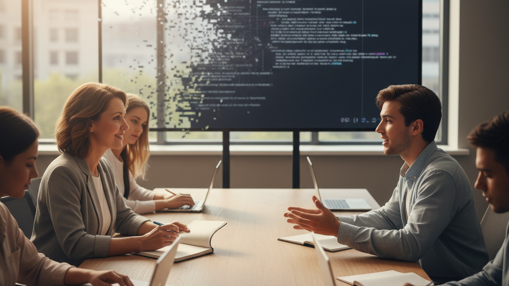 In a modern classroom or meeting room, students are seated around a table, some with laptops. Two individuals are engaged in an oral discussion, facing each other. Behind them, a large screen displays lines of code that appear to be pixelating and disappearing, symbolizing the difficulty in detecting AI. Image (and typos) generated by Nano Banana.