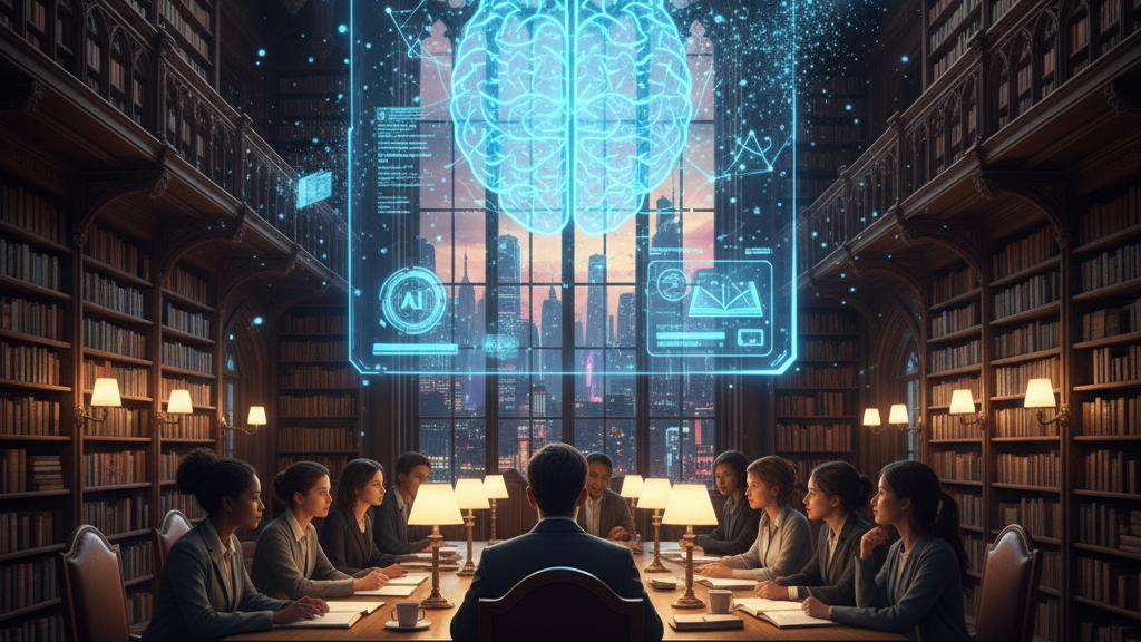 A group of academic figures and students are seated around a grand, traditional university library table, looking towards a glowing, holographic projection of a human brain with interconnected digital pathways, overlaid with various data points and "AI" labels. The brain appears against a backdrop of a city skyline at dusk. Image (and typos) generated by Nano Banana.