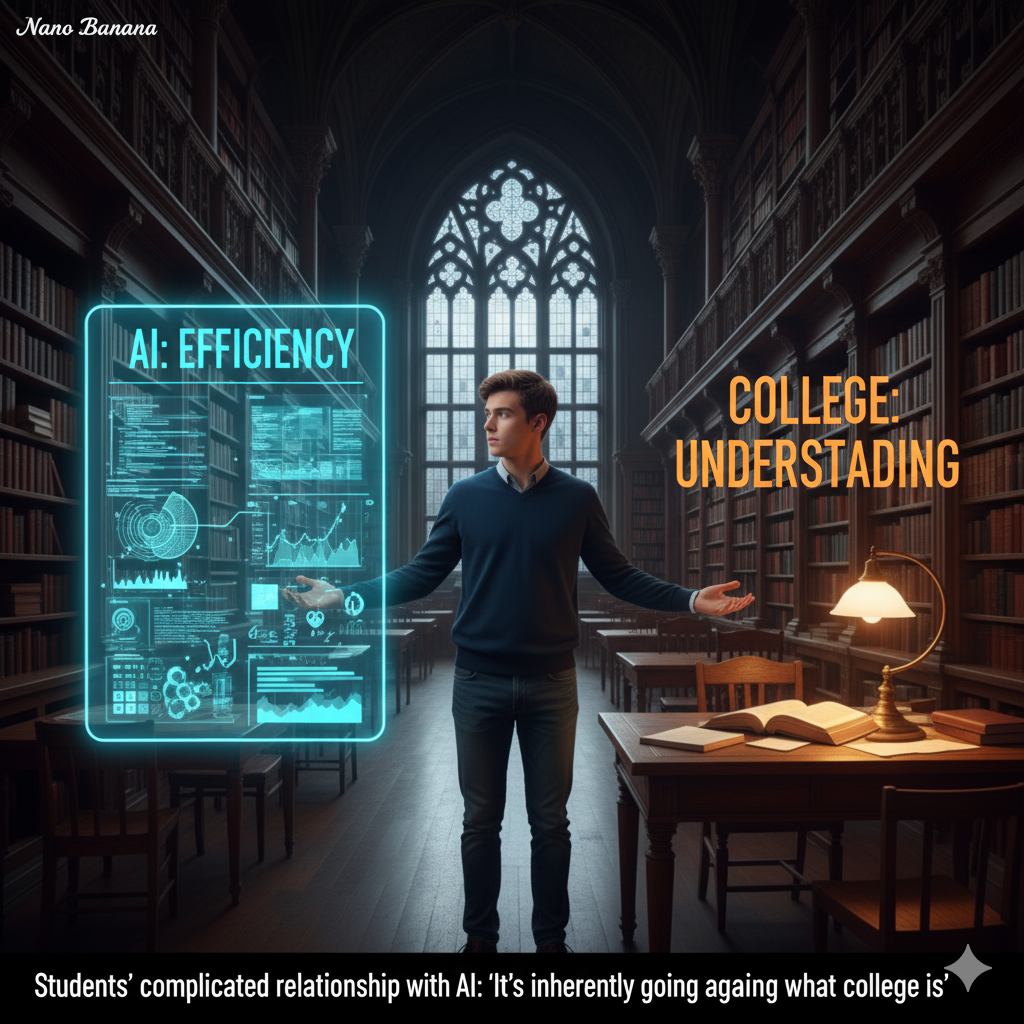 A student stands in a grand, traditional library, looking conflicted between two glowing holographic displays. To the left, a blue 'AI: EFFICIENCY' display shows data and code. To the right, an orange 'COLLEGE: UNDERSTANDING' display hovers over an open book and desk lamp. The image symbolizes the internal conflict students face regarding AI in academia. Generated by Nano Banana.