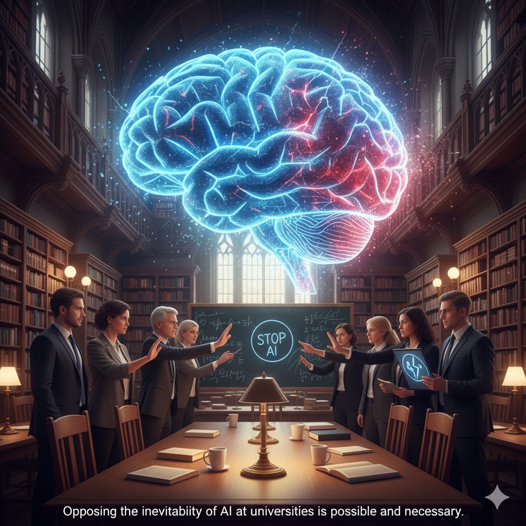 In a grand, traditional university library setting, a group of professionals and academics stand around a conference table, actively pushing back with their hands raised towards a large, glowing holographic brain that represents AI. The brain is split with blue (calm) and red (active/threatening) elements, and a "STOP AI" sign is visible on a blackboard in the background. Image (and typos) generated by Nano Banana.