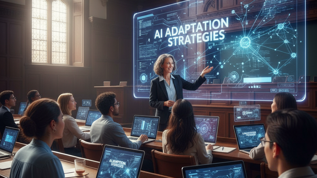 In a collegiate lecture hall, a female professor stands at the front, gesturing towards a large transparent screen displaying "AI ADAPTATION STRATEGIES" and a network of connected digital nodes. Students are seated at wooden desks with laptops, many showing similar AI-related content, actively engaged in learning about AI. Image (and typos) generated by Nano Banana.