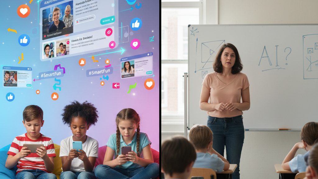 A split image contrasting two scenes. On the left, three young children are engrossed in tablets and smartphones, surrounded by vibrant social media interfaces featuring AI-related content and hashtags like "#AIforkids." On the right, a teacher stands in a traditional classroom looking somewhat perplexed at a whiteboard with "AI?" written on it, while students sit at desks, symbolizing the challenge for educators to keep pace with children's informal AI learning. Image (and typos) generated by Nano Banana.