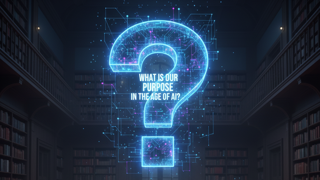 In a grand, traditional university library, a glowing holographic question mark formed from digital circuitry. Inside the question mark, the text reads "WHAT IS OUR PURPOSE IN THE AGE OF AI?". Image (and typos) generated by Nano Banana.
