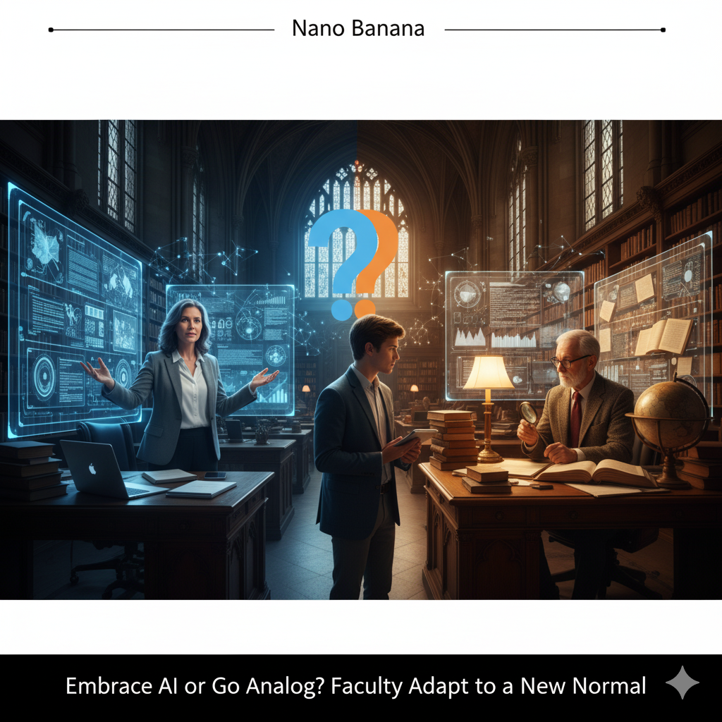 In a grand, traditional library setting, a female faculty member gestures towards a large glowing screen displaying AI data on the left, while a male faculty member examines a physical book with a magnifying glass on the right. Between them, a hovering question mark split in blue and orange signifies the choice between AI and traditional methods. The scene represents academics adapting to new technologies. Generated by Nano Banana.