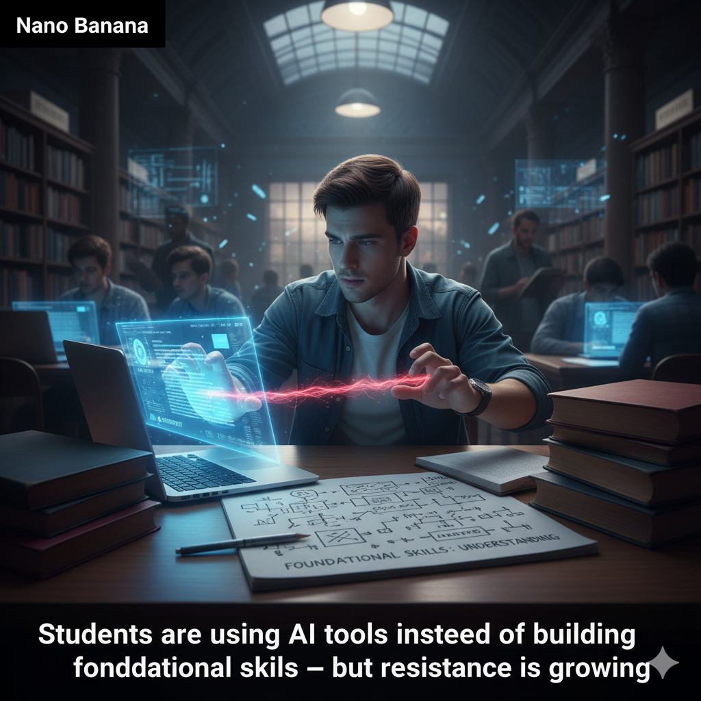 In a dimly lit library, a focused male student interacts with a glowing holographic display from his laptop, showing complex data. A red, crackling energy line extends from the display towards his hands. On the desk, an open notebook beneath it is titled 'FOUNDATIONAL SKILLS: UNDERSTANDING' with handwritten equations. Other students are visible in the background, implying a widespread trend. The scene contrasts AI tool usage with fundamental learning. Generated by Nano Banana.