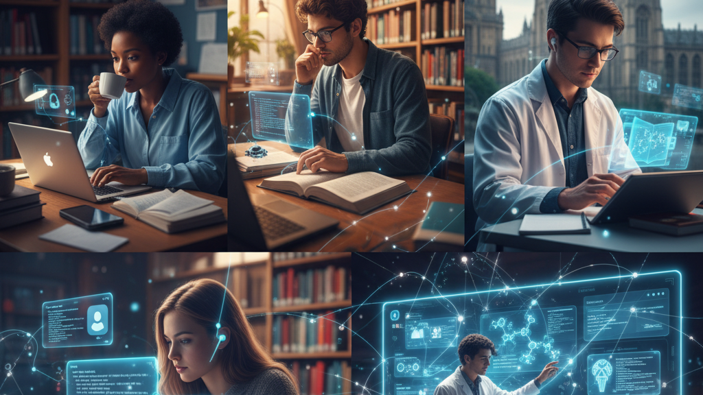 A five-panel mosaic shows diverse UK students interacting with AI. Top row: a Black female student drinks coffee while using a laptop with glowing AI interfaces in a library; a male student studies a book with AI visuals; a male student in a lab coat uses a holographic AI screen with a UK university building in the background. Bottom row: a female student writes while looking at AI data; another male student explains a holographic AI model to a small group of students. The overall image depicts widespread AI integration in student life. Generated by Nano Banana.