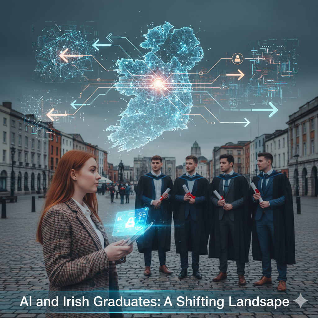A diverse group of recent graduates in caps and gowns stands in an urban street, looking towards a prominent female figure in a business blazer. Behind them, a glowing, networked digital map of Ireland hovers in the sky, interconnected with arrows representing data flow and opportunities. The scene symbolizes AI's impact on Irish graduate jobs. Generated by Nano Banana.