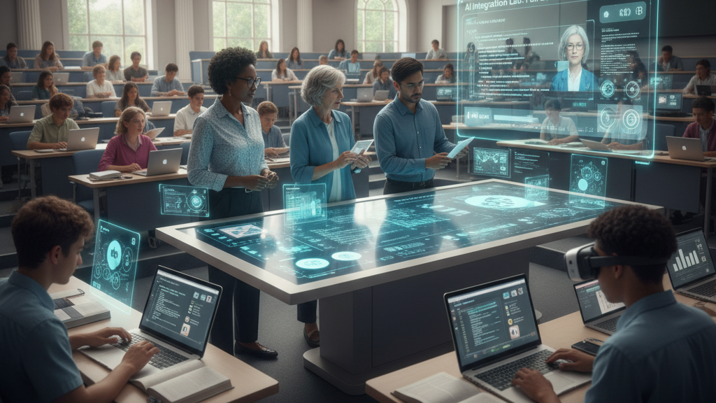 In a modern university lecture hall, three professors (two female, one male) stand at a glowing, interactive holographic table, actively demonstrating or discussing AI concepts. Students are seated at desks, some using laptops with glowing AI interfaces, and one student wears a VR headset. A large holographic screen in the background displays 'AI Integration Lab: Fall 2024'. The scene depicts educators experimenting with AI in a learning environment. Generated by Nano Banana.