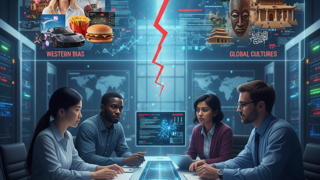 A diverse group of four researchers in a lab setting surrounds a large, glowing, circular holographic projection. The projection shows a series of icons, some representing Western culture (a statue of liberty, a hamburger), and others from different cultures (a statue of a Buddha, a bowl of ramen), with data flow lines moving between them. A central red line cuts through the center of the display, indicating a lack of neutrality. The image visualizes the finding that generative AI is not culturally neutral. Generated by Nano Banana.