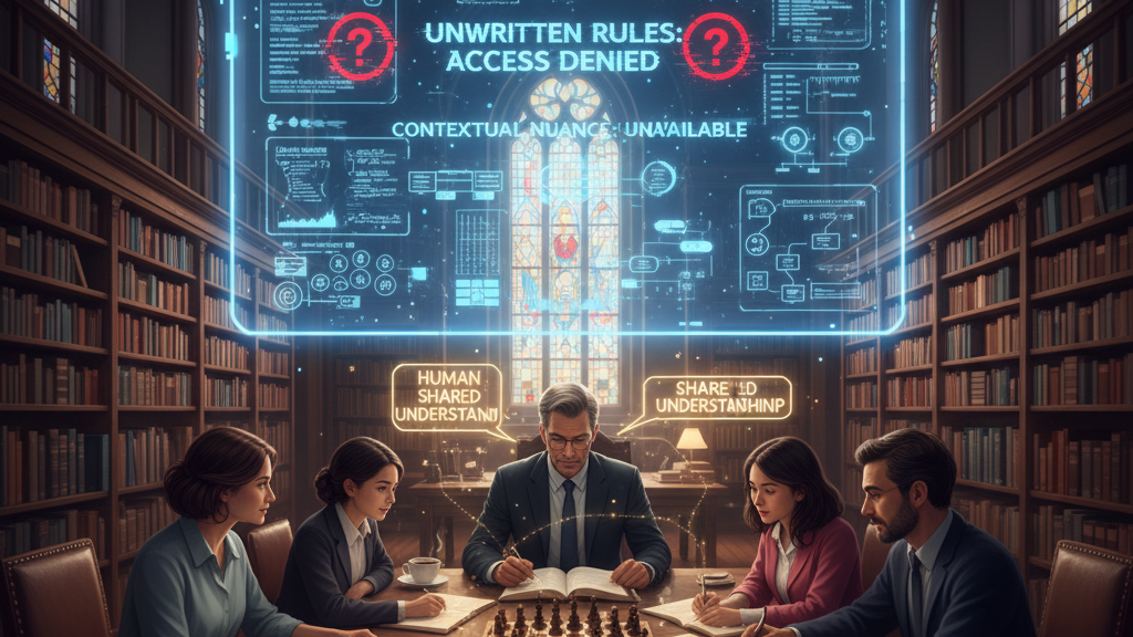 Five academics, dressed in business attire, are seated around a chess board on a wooden table in a traditional library, with books and papers. Above them, a large holographic screen displays 'AI - UNWRITTEN RULES: ACCESS DENIED' and 'CONTEXTUAL NUANCE: UNA'ILABLE', surrounded by data. Two thought bubbles above the central figure read 'HUMAN SHARED UNDERSTAIN' and 'SHARE 'ID UNDERSTANHINP'. The scene symbolizes AI's inability to grasp the subtle, unwritten rules of higher education. Generated by Nano Banana.