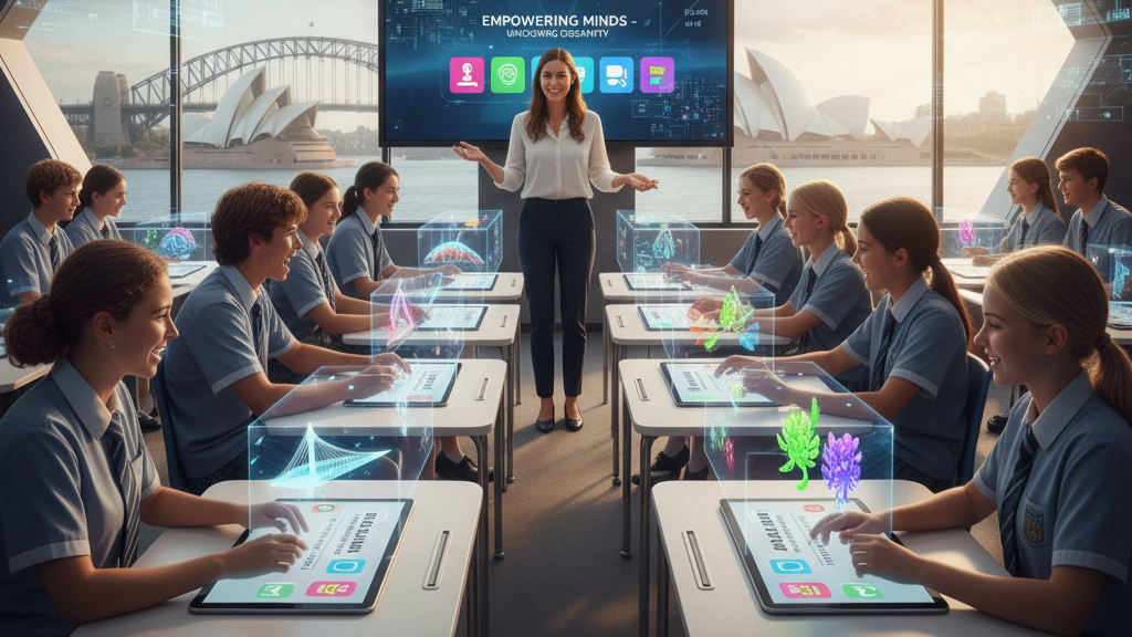 A diverse group of cheerful public school students in a modern classroom is excitedly gathered around a teacher. The teacher holds a large, glowing tablet displaying a generative AI interface with a 'CREATE' icon. In the background, a large screen shows a variety of AI-generated content (images, text, music notes), and the Sydney skyline is visible through a large window. The scene symbolises public school students gaining access to advanced AI technology. Generated by Nano Banana.