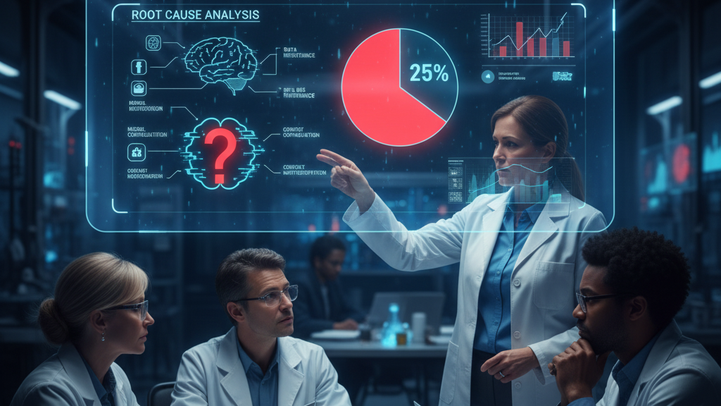 A digital, transparent screen is displaying a large, bold '25%' error rate in red, with a smaller '1 in 4' below it. A glowing blue icon of a brain with a gear inside is shown on the left, while a red icon of a corrupted data symbol is on the right. A researcher in a lab coat is looking at the screen with a concerned expression. The scene visually represents the unreliability of a generative AI. Generated by Nano Banana.