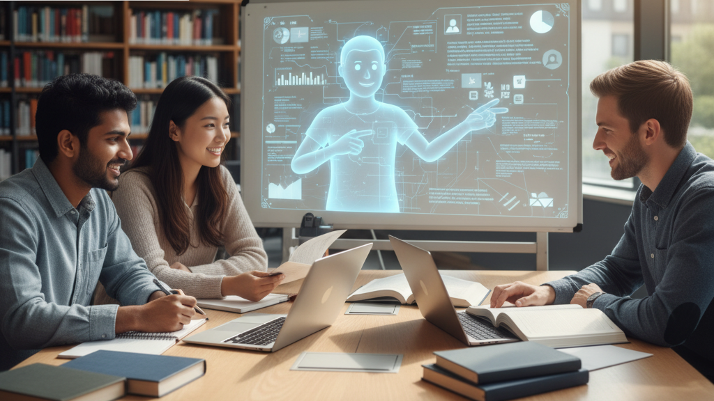 Three university students (two male, one female) are seated at a table with laptops and books, smiling and engaged in discussion. Behind them, a large transparent screen displays a glowing blue humanoid AI figure pointing to various academic data and charts. The setting is a modern library, conveying a collaborative study environment where AI acts as a helpful, non-cheating resource. Generated by Nano Banana.