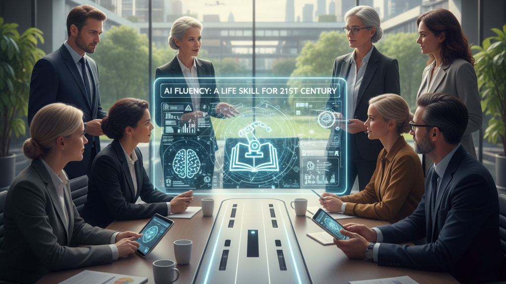 In a modern, sunlit conference room with a city view, a diverse group of seven educators in business attire are gathered around a sleek table. They are looking at a central holographic display that reads 'AI FLUENCY: A LIFE SKILL FOR 21ST CENTURY' and shows icons related to AI and learning. The scene depicts a discussion among professionals about the transformative impact of AI on university education. Generated by Nano Banana.