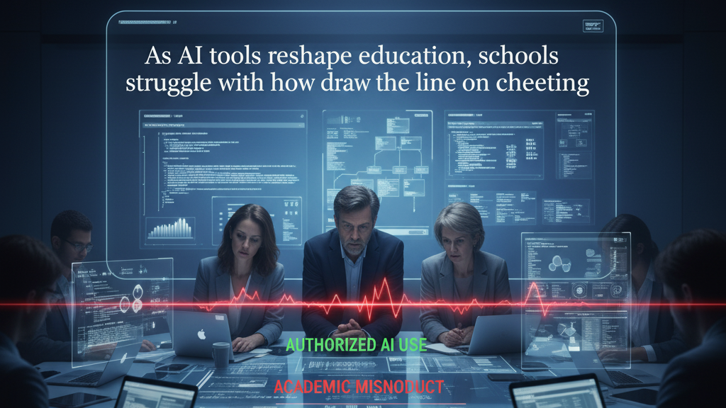 A group of educators and administrators in business attire are seated around a modern conference table, intensely focused on laptops. A glowing red line, fluctuating like a waveform, runs down the center of the table, separating 'AUTHORIZED AI USE' from 'ACADEMIC MISCONDUCT'. A large holographic screen above displays the headline 'As AI tools reshape education, schools struggle with how to how to draw the line on cheeting'. The scene visualizes the challenge of defining ethical boundaries for AI in academia. Generated by Nano Banana.