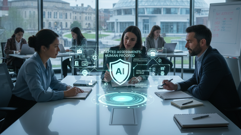 In a modern meeting room with large windows overlooking university buildings, a male and female academic are engaged in a discussion across a table. Between them, a glowing holographic shield icon labeled 'AI' is surrounded by other icons representing 'ADAPTED ASSESSMENTS: HUMAN PROOFED', 'ORAL DEFENSE', and 'HANDWRITTEN ASSFSSMENTS'. Other students are seen working on laptops in the background. The scene illustrates strategies for guarding against AI misuse in coursework. Generated by Nano Banana.
