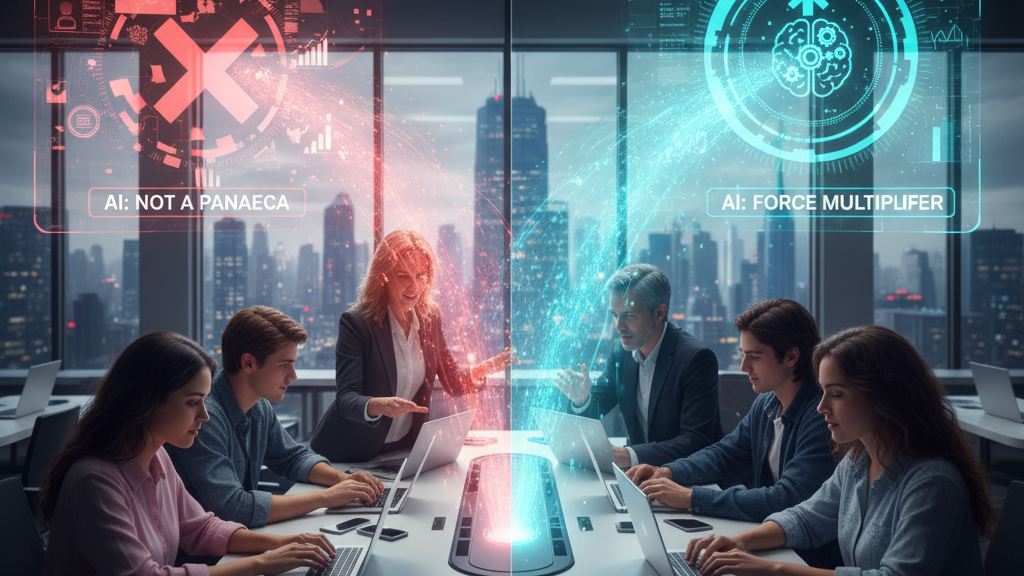 In a modern conference room with a city skyline view, two groups of students and a central female and male instructor are divided by a glowing, split-color light. On the left (red side), the text 'AI: NOT A PANECA' is displayed with error icons. On the right (blue side), 'AI: FORCE MULTIPLIFER' is displayed with growth and brain icons. Light streams intensely between the instructors, symbolizing AI's dual nature. The scene conveys a balanced perspective on AI's role in education. Generated by Nano Banana.