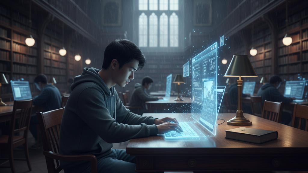 A male college student sits alone at a wooden desk in a grand, dimly lit library, intensely focused on his laptop which projects a glowing blue holographic interface. Rain streaks down the large gothic window in the background, enhancing the sense of isolation. Other students are sparsely visible in the distance, similarly isolated at their desks. The scene evokes a feeling of loneliness and individual digital engagement in an academic setting. Generated by Nano Banana.