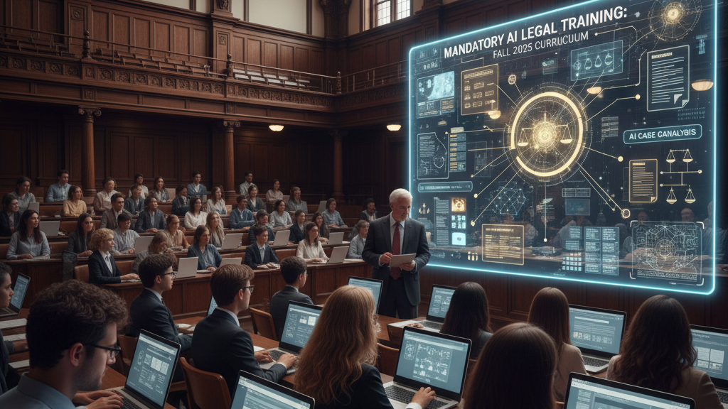 In a classic, wood-paneled law school lecture hall, a professor stands at the front addressing a large class of students, all working on laptops. Behind the professor, a large, glowing blue holographic screen displays 'MANDATORY AI LEGAL TRAINING: FALL 2025 CURRICULUM' along with complex flowcharts and data related to AI and legal analysis. The scene signifies the integration of AI training into legal education. Generated by Nano Banana.