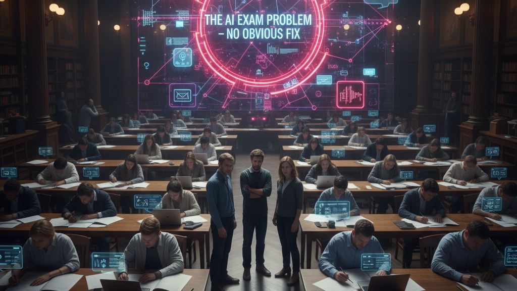 In a vast, traditional exam hall filled with students taking tests on laptops, three concerned researchers stand in the foreground, looking up at a large, glowing holographic display. The display shows complex data and a central neon pink circle stating 'THE AI EXAM PROBLEM - NO OBVIOUS FIX'. The image highlights the profound challenge AI poses to the integrity of college examinations. Generated by Nano Banana.
