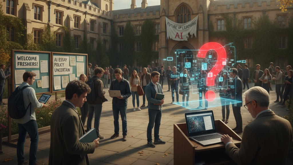 In the quad of a traditional UK university, students mill about as a new academic year begins. A notice board reads "WELCOME FRESHERS!" and "AI ESSAY POLICY UNCERTAIN." In the foreground, a professor stands at a podium with a laptop, while a large, glowing red question mark, integrated with digital interfaces, hovers amidst a group of students, symbolizing the ongoing struggle and uncertainty universities face in responding to AI. Image (and typos) generated by Nano Banana.
