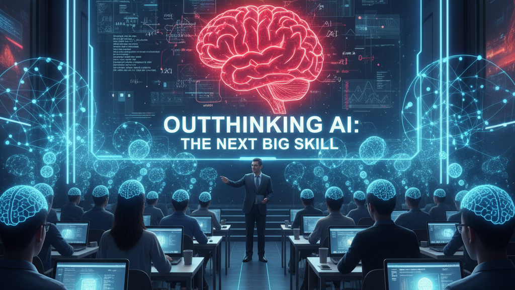 In a futuristic classroom or lecture hall, a male professor stands at the front, gesturing towards a large interactive screen. The screen prominently displays "OUTTHINKING AI: THE NEXT BIG SKILL," with a glowing red human brain at the center and icons illustrating the process of human thought surpassing AI. Students are seated in rows, all wearing glowing brain-shaped neural interfaces and working on laptops, deeply engaged in the lesson. Image (and typos) generated by Nano Banana.