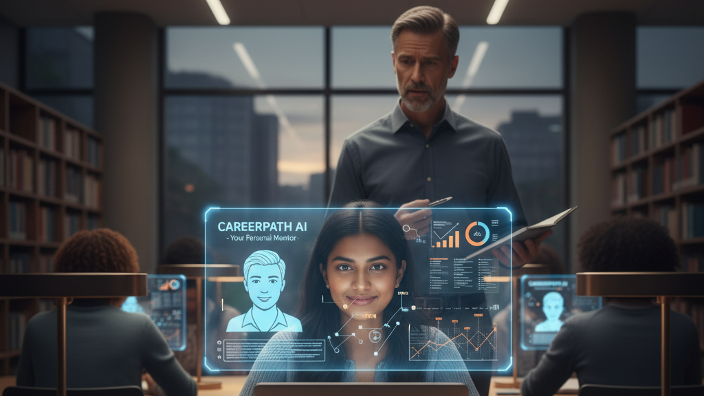 In a university library, a young female student is seated at a desk, looking confidently at the viewer with her laptop open. A holographic display in front of her shows a personalized "CAREERPATH AI - Your Personal Mentor" interface with a virtual assistant, data, and career graphs. Behind her, a male teacher or mentor looks on with a somewhat concerned expression, while other students are also engaging with similar AI interfaces. Image (and typos) generated by Nano Banana.