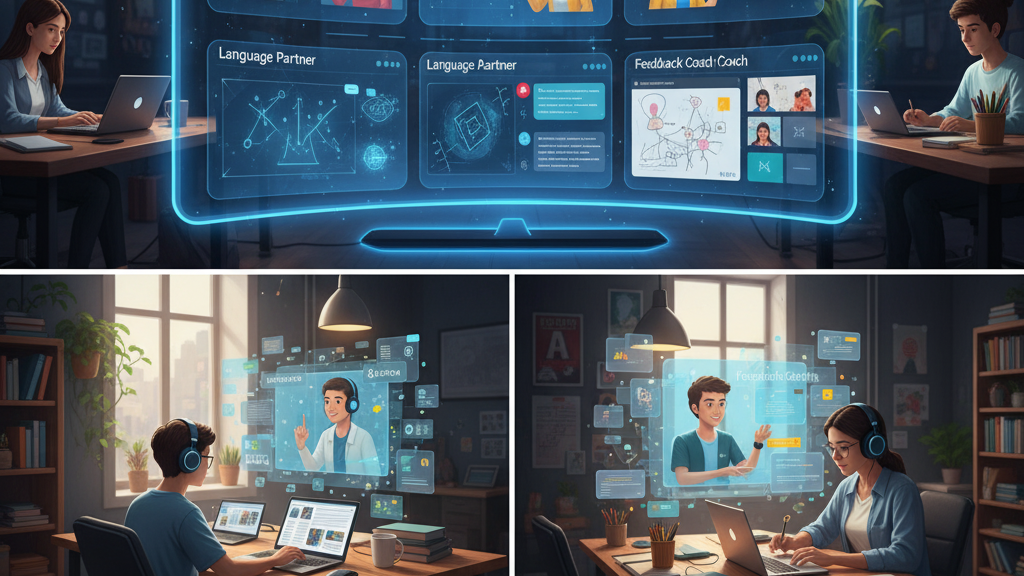 A multi-panel image illustrating smart ways to use AI for learning. The top panel shows a large screen displaying six distinct AI applications: "Personalized Tutor," "Concept Explainer," "Creative Brainstormer," "Language Partner," "Language Partner," and "Feedback Coach." The bottom two panels show individuals actively engaging with these AI tools on their laptops in study environments, utilizing holographic interfaces for tasks like personalized tutoring and receiving feedback, all without appearing lazy. Image (and typos) generated by Nano Banana.