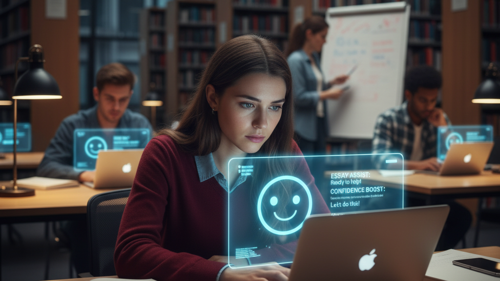 In a modern university library setting, a young female student with a concerned expression is intently focused on her laptop. A glowing holographic interface floats above her keyboard, displaying "ESSAY ASSIST," "RESEARCH BOT," and "CONFIDENCE BOOST!" with an encouraging smiley face. In the background, other students are also working on laptops. Image (and typos) generated by Nano Banana.