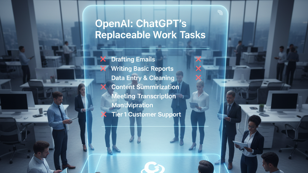 In a sleek, modern open-plan office, a group of professionals stands around a glowing holographic display that projects "OpenAI: ChatGPT's Replaceable Work Tasks." A list of tasks like "Drafting Emails," "Writing Basic Reports," and "Data Entry & Cleaning" is visible, with checkmarks or X's next to them, indicating tasks ChatGPT can handle. Some individuals are holding tablets, observing the display, while others are in the background. Image (and typos) generated by Nano Banana.