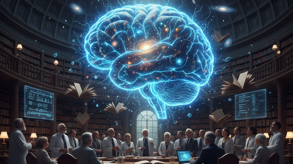 In a grand, domed library or scientific hall, a large group of scientists and academics in lab coats and formal attire are gathered around a circular table. Above them, a massive, glowing holographic human brain pulsates with light and intricate neural network connections, some extending into the starry dome. Books are seen floating around, symbolizing knowledge. Image (and typos) generated by Nano Banana.