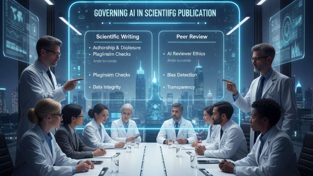 A group of scientists and academics in lab coats are seated around a conference table in a modern meeting room with a city skyline visible through a large window. Above them, a glowing holographic screen displays "GOVERNING AI IN SCIENTIFIC PUBLICATION," with two main columns: "Scientific Writing" and "Peer Review," each listing specific regulations and ethical considerations for AI use, such as authorship, plagiarism checks, and bias detection. Image (and typos) generated by Nano Banana.