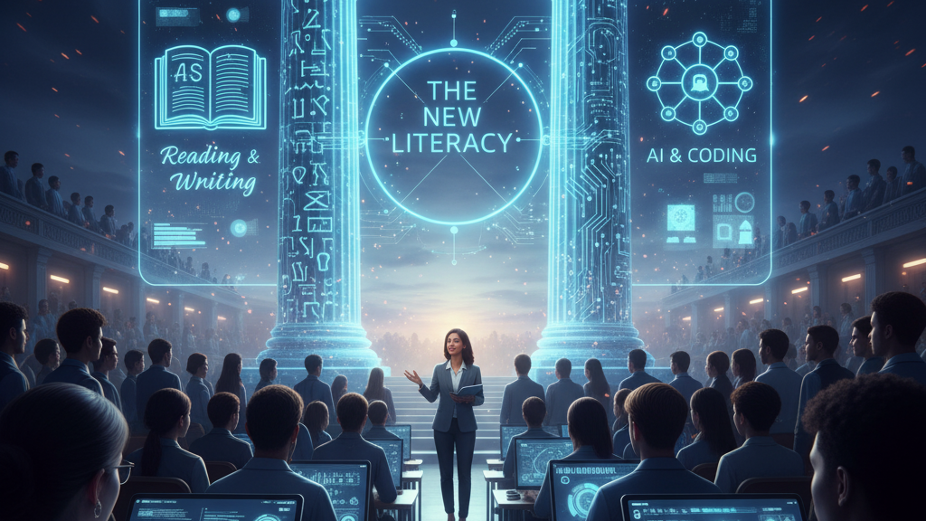 In a grand, columned lecture hall filled with students working on glowing laptops, a female professor stands at the front, gesturing towards a massive holographic screen. The screen is framed by two digital-circuitry columns and displays "THE NEW LITERACY" at its center. To the left, "Reading & Writing" is shown with traditional book icons, while to the right, "AI & CODING" is represented with connected nodes and circuits, symbolizing the evolution of foundational skills. Image (and typos) generated by Nano Banana.
