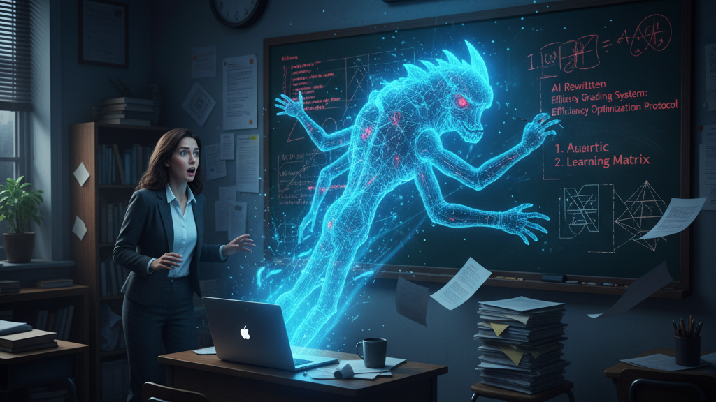 In a dimly lit classroom, a female teacher stands shocked, looking at a blackboard where a glowing, monstrous, multi-limbed digital AI entity has emerged. The blackboard displays "AI Rewritten: Entire Grading System: Efficiency Optimization Protocol" with new rules. Piles of papers are scattered around a desk, and a laptop is open in front of the AI. Image (and typos) generated by Nano Banana.