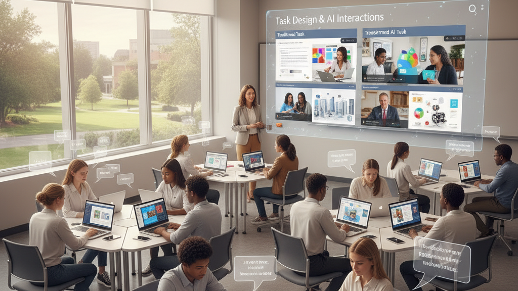 In a bright, modern classroom with large windows overlooking a green campus, a female teacher stands at the front, gesturing towards a large interactive screen. The screen displays "Task Design & AI Interactions," showing comparisons between "Traditional Tasks" and "Transformed AI Tasks" with visual examples. Numerous students are seated at collaborative desks, working on laptops, with some holographic chat bubbles floating around them, indicating AI interaction. Image (and typos) generated by Nano Banana.